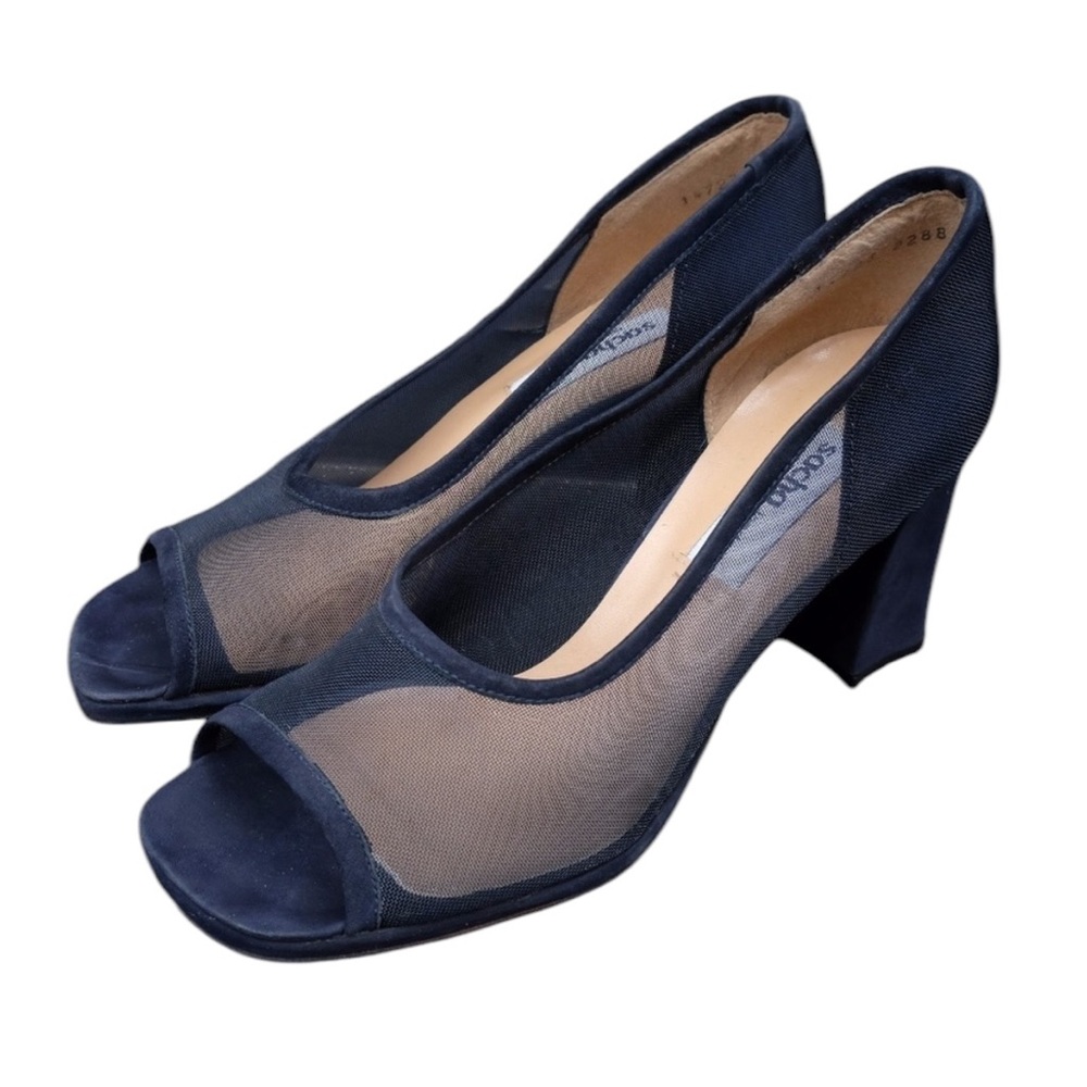 VTG 90s Sacha London Sheer Blue Mesh Square Peep Toe Platform Chunky Suede Heel